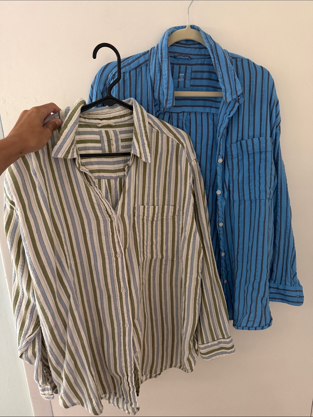 aerie Striped Button-Down Shirts in Blue and Olive
